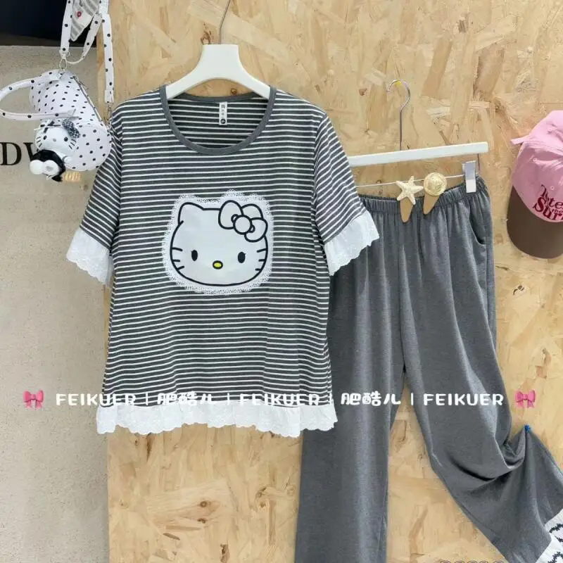 Summer New Hello Kitty Striped Women's Sweet Cartoon Pajamas Suit Large Size Casual Can Be Worn Outside The Suit Home Clothes