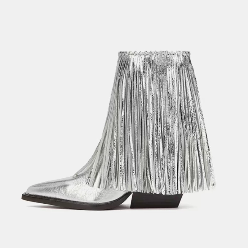 

Brand Design Personality Retro Tassel Women's Short Boots Pointed Cow Suede 7.5cm High Heel Ankle Boots Youth Student Girl Shoes