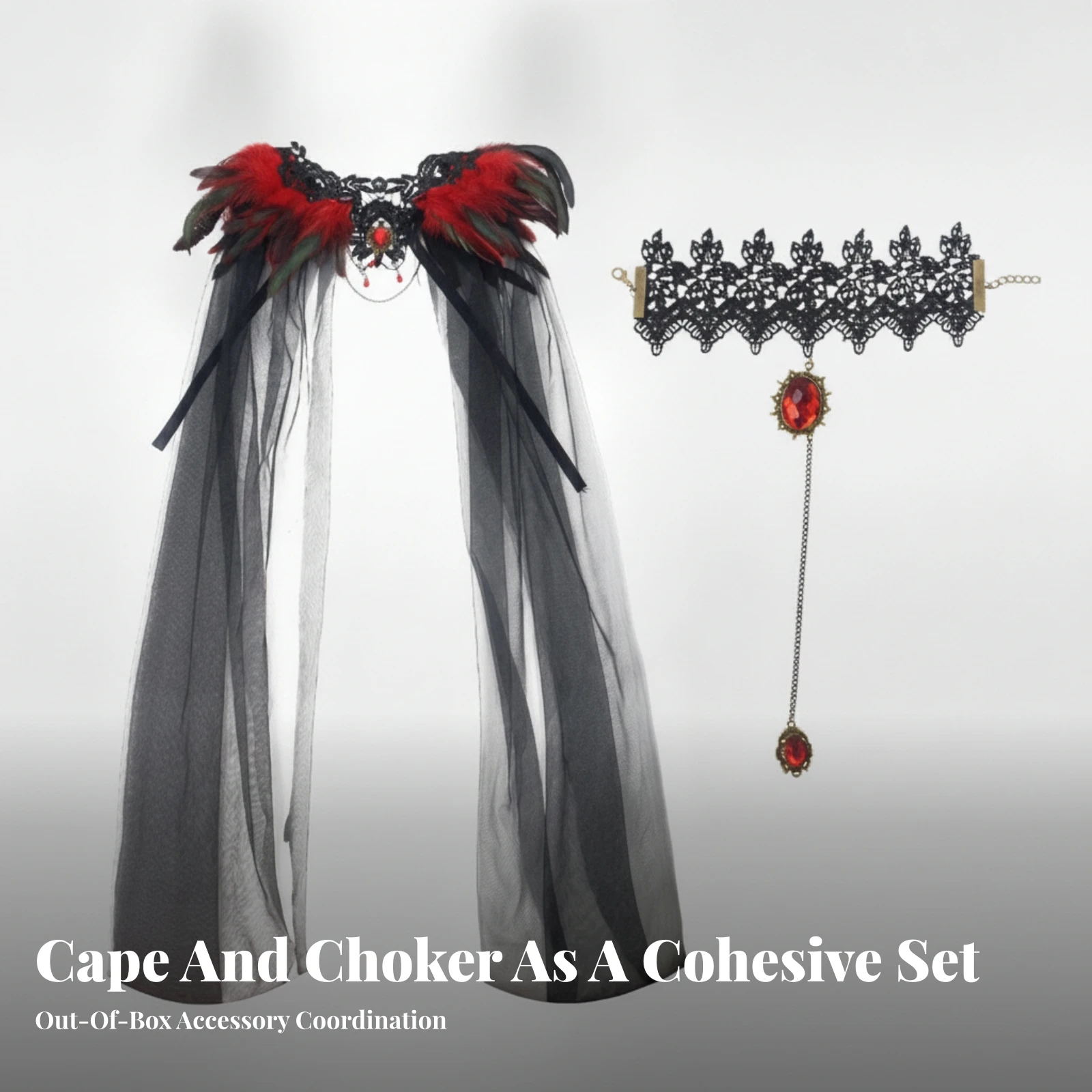 Lace Cape with Wrist Accessory Lightweight Gothic Cape with Feathers Apparel Multi-Layered for Cosplayers, Halloween