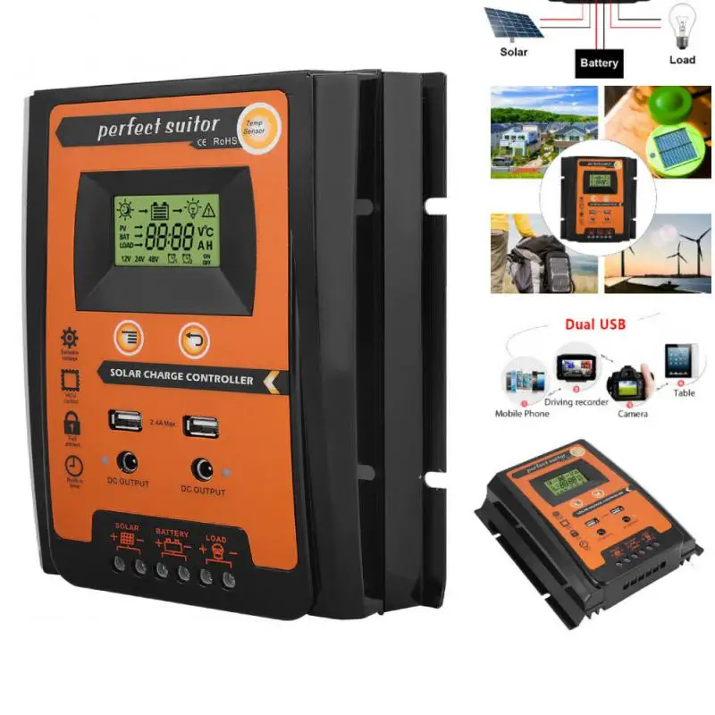 30A 50A 70A PWM Solar Charge Controller 12V 24V Dual USB Solar Regulator with Big LCD IP32 PV Battery Controller Load Timer