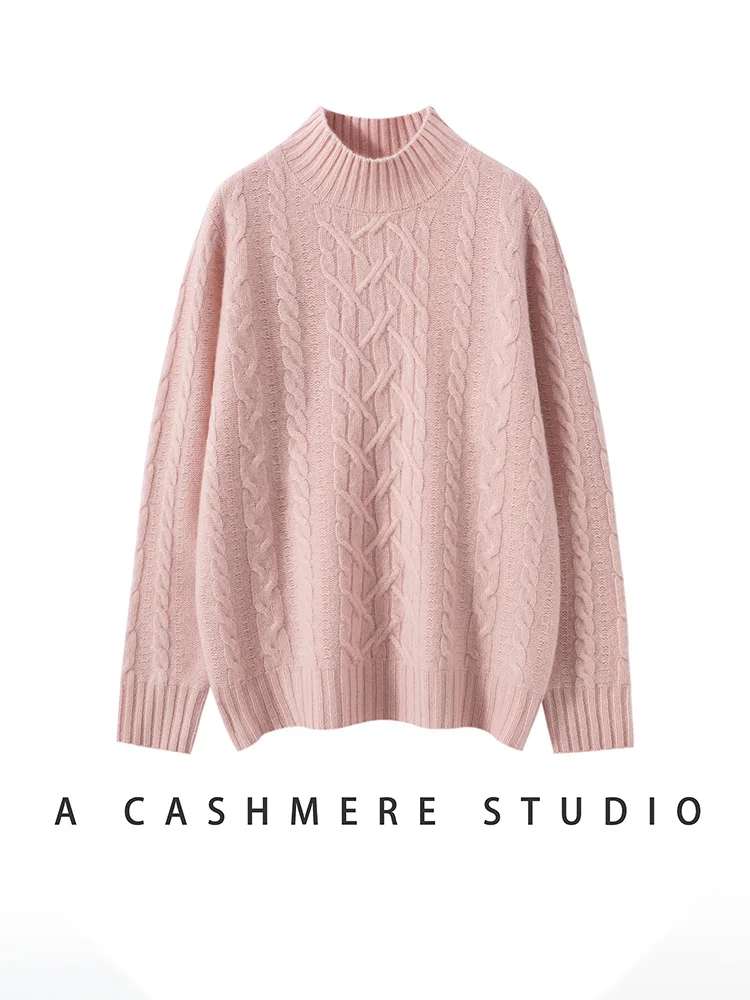 

Mock Neck Long Sleeve Women 100% Cashmere Sweater Cable Knitting Pullover Cashmere Knitwear Autumn Winter Thick Soft Warm Tops