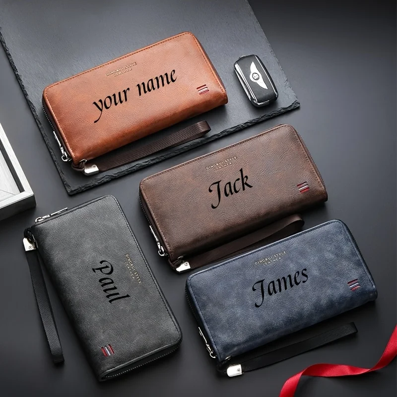 Customized Name Men's Long Handheld Wallet Multiple Card Slots with Small Coins Pocket for Mobile Phone Cash Cards Daily Storage