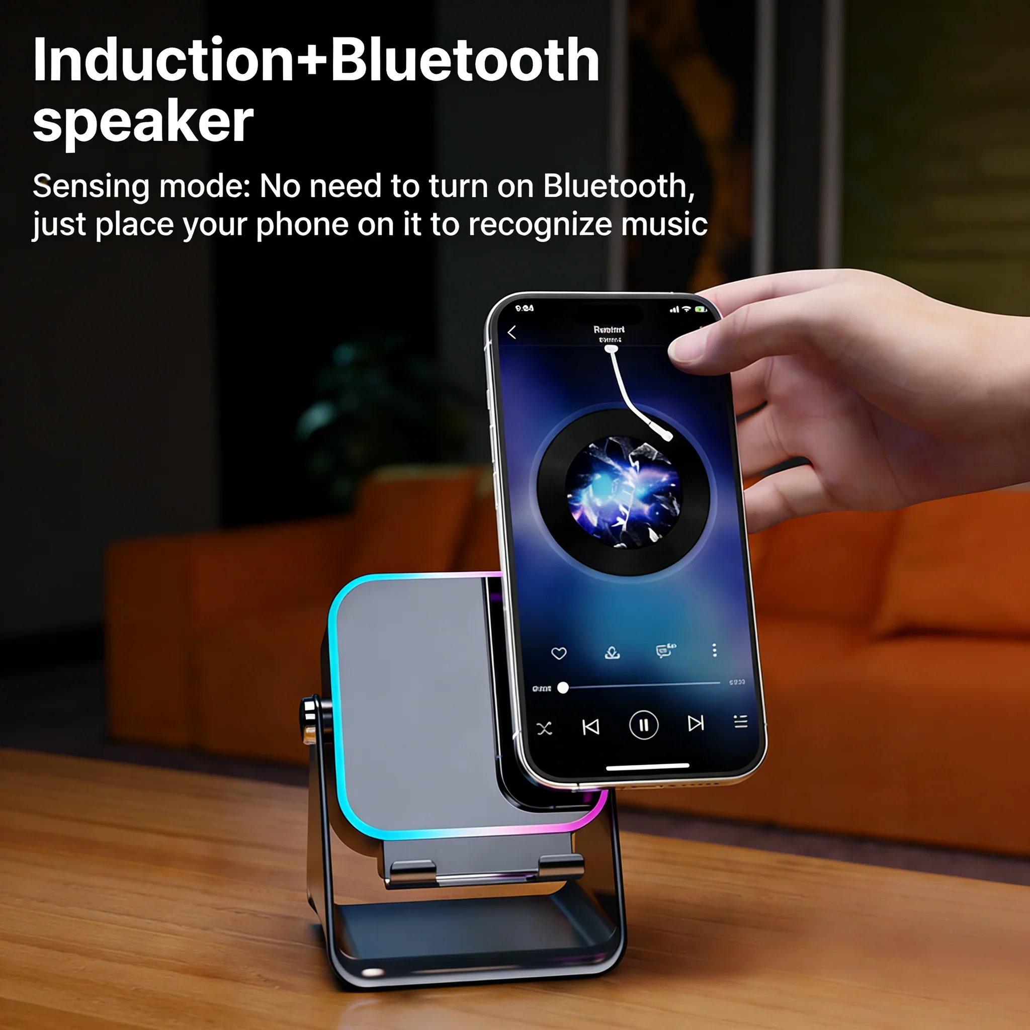 

Portable Induction Bluetooth Speaker with Phone Stand RGB Backlight Subwoofer for Home Outdoor
