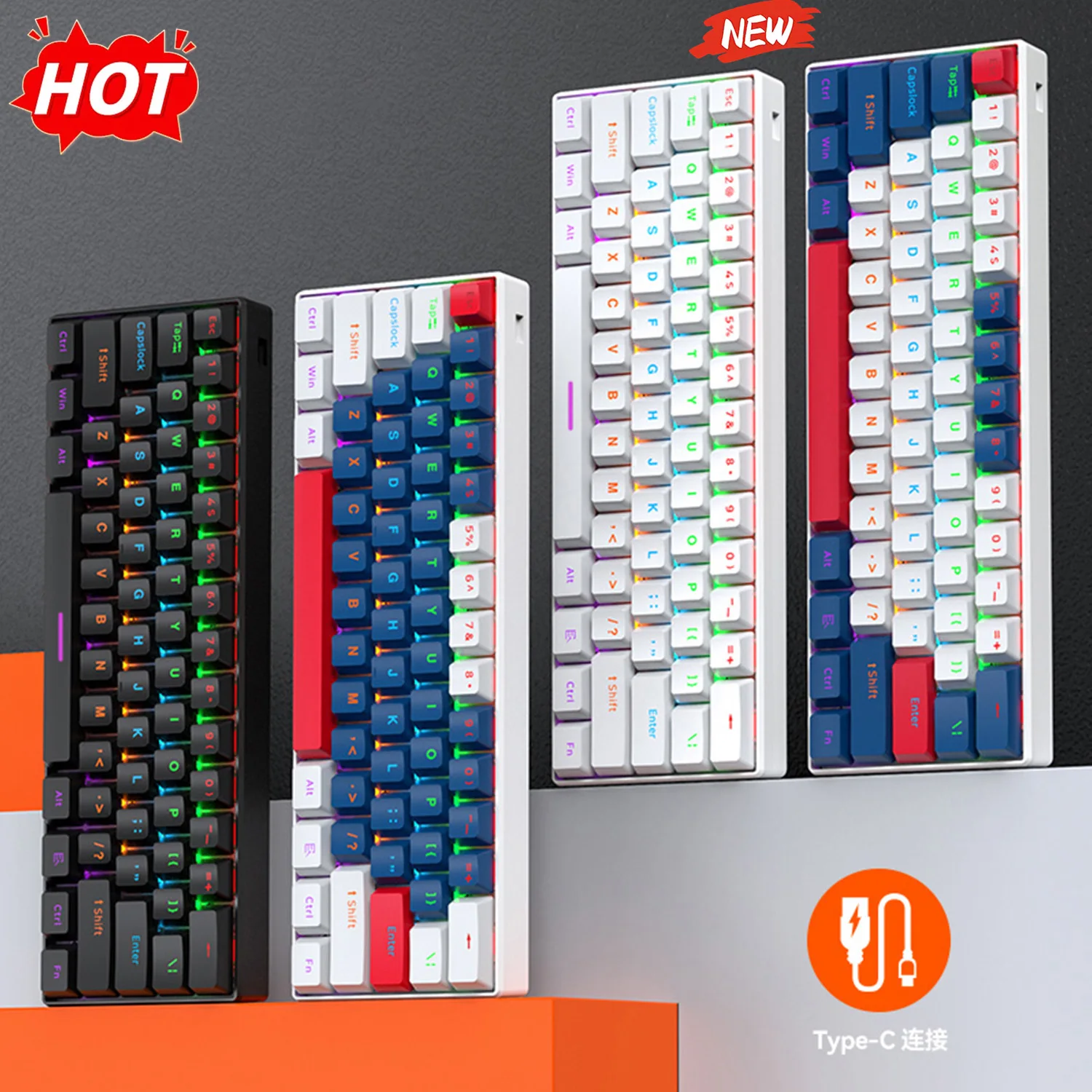 

[USB-C Wired Mechanical Keyboard] 61-Key Mechanical Keyboard, Dual-Tone Injection Keycaps, Hot-Swappable, USB-C Wired NEW HOT