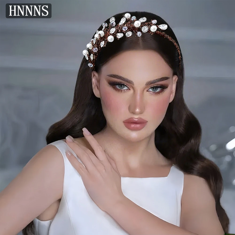 

HNNNS Handmade Chenille Stem Headband Luxury Women's Headwear Shiny Rhinestone Headdress with Pearls Daily Hair Accessories A372