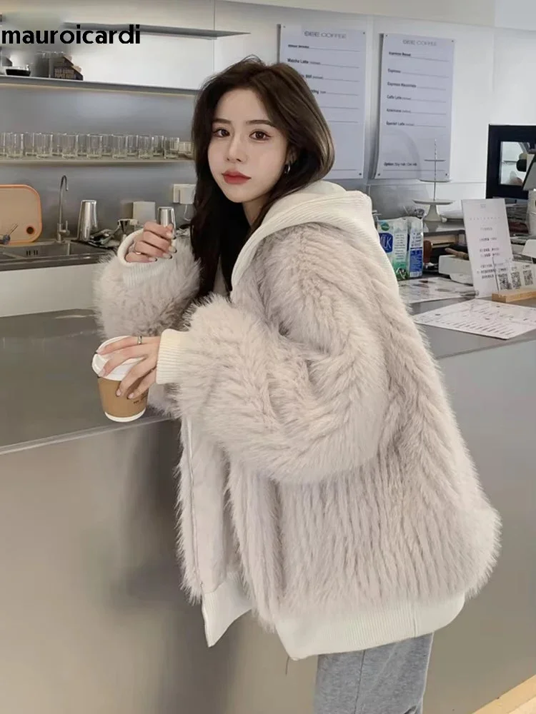 Mauroicardi Spring Winter Hairy Shaggy Soft Thick Warm Faux Fur Coat Women with Hood Fluffy Jacket Fake 2 Piece Clothes