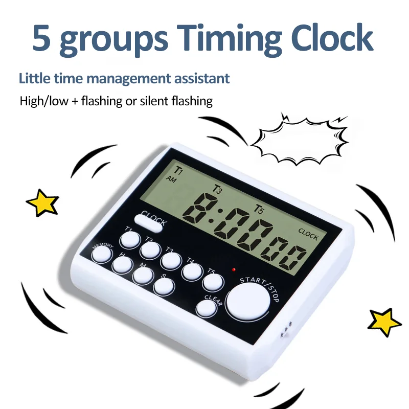 

Цифровой кухонный таймер, 5-канальный таймер обратного/прямого отсчета, ЖК-дисплей, 12/24 ч, магнитный будильник для приготовления пищи, учебы, кухонные аксессуары