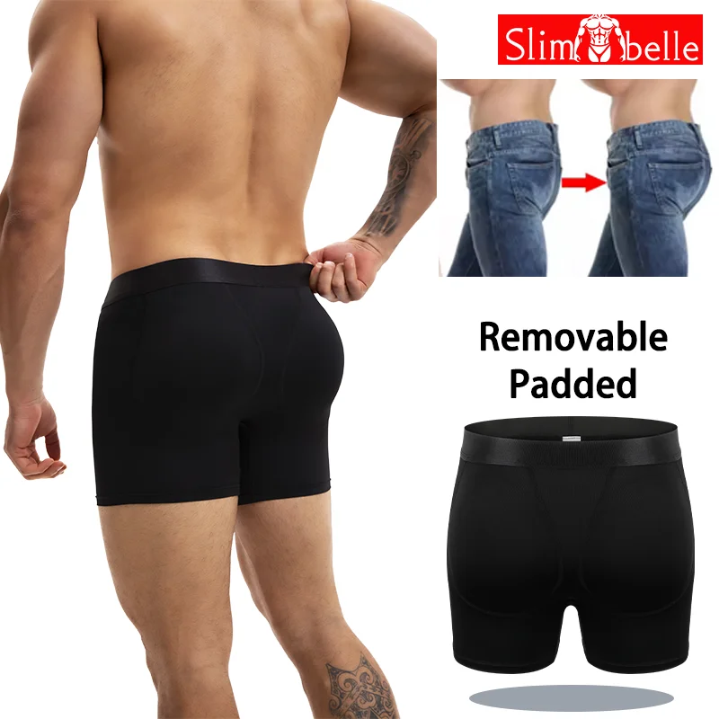 

Slimbelle со съемной подушечкой-боксеры для мужчин, увеличивающие ягодицы, шорты-боксеры, мягкие шорты с контролем живота, сексуальные корректирующие трусы для похудения