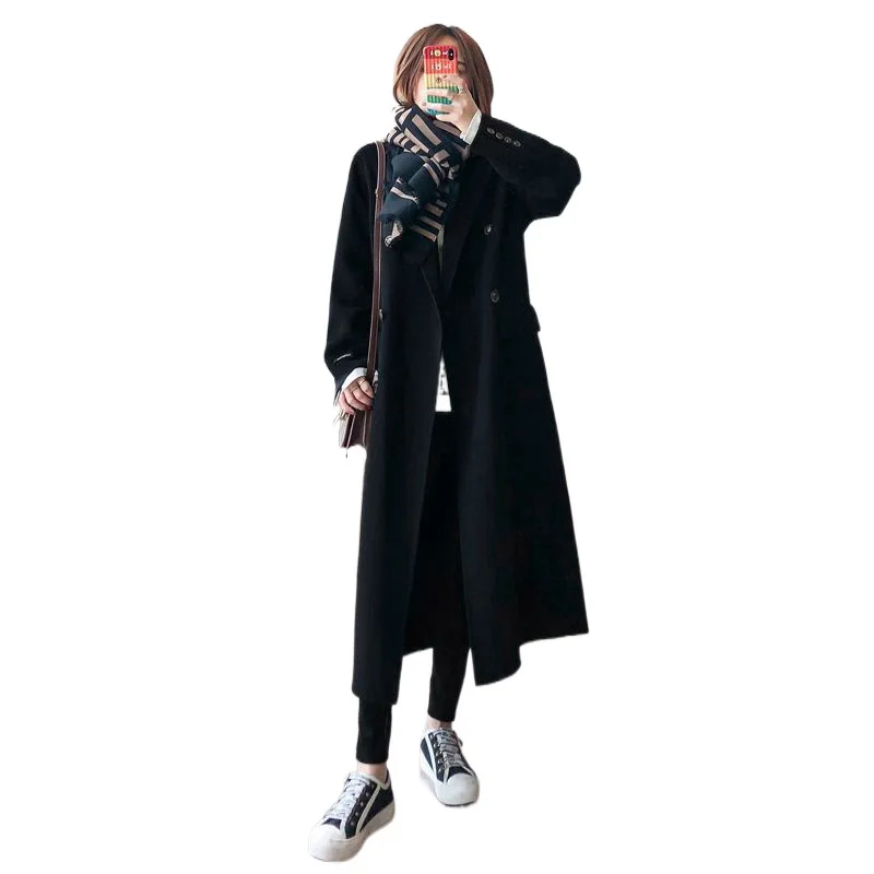 

Woolen Coat Women's Winter 2024 New Hepburn Style Relaxed And Casual Fashion Double-breasted Temperament Long Black Coat Tide.