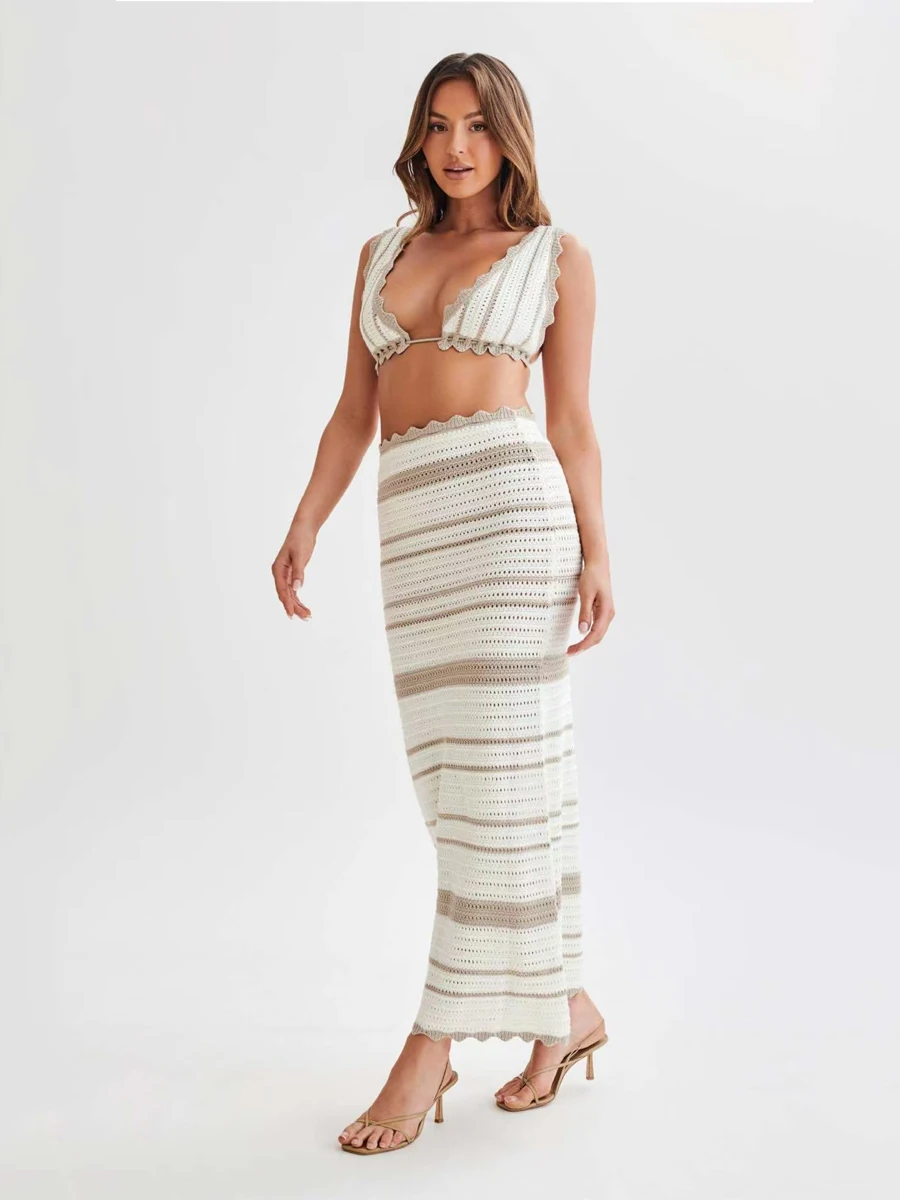 جديد مثير المرأة عطلة الشاطئ الزي الصيف محبوك قطعتين مجموعة سيدة الدانتيل يصل عارية الذراعين تانك القمم وم جردت Bodycon تنورة طويلة