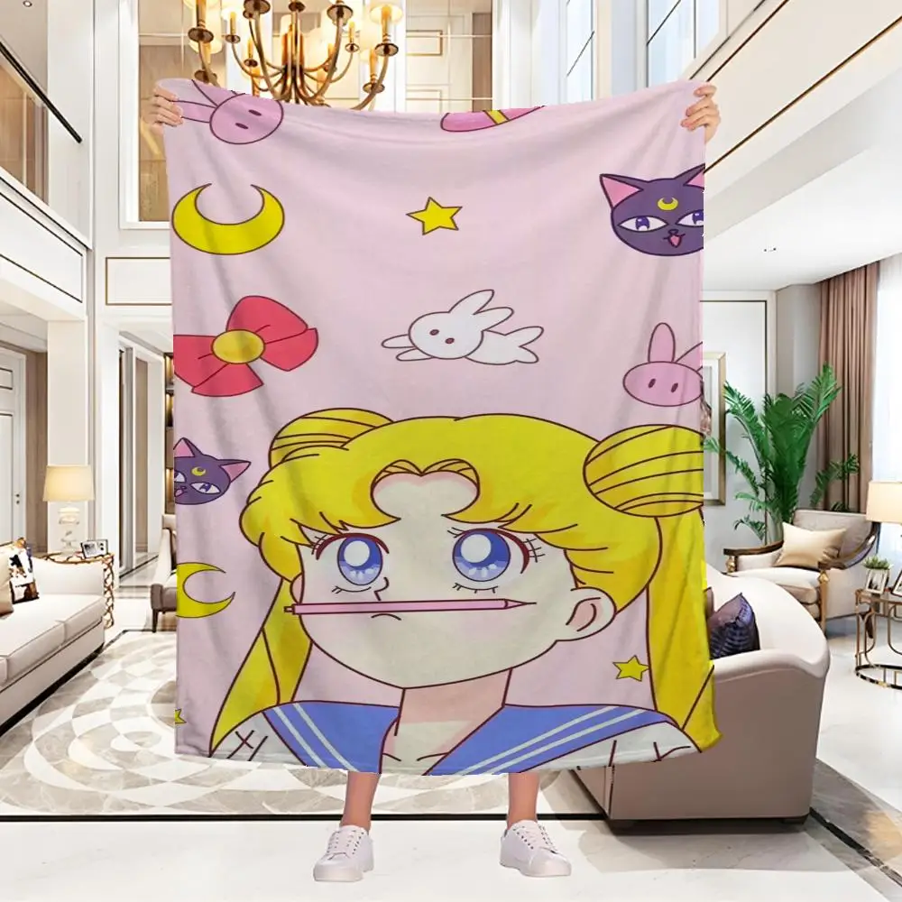 S-Sailor M-Moon Throw Blanket Aesthetic Portable Home Travel Camping Sofa Picnic Thick Warm Flannel Blanket