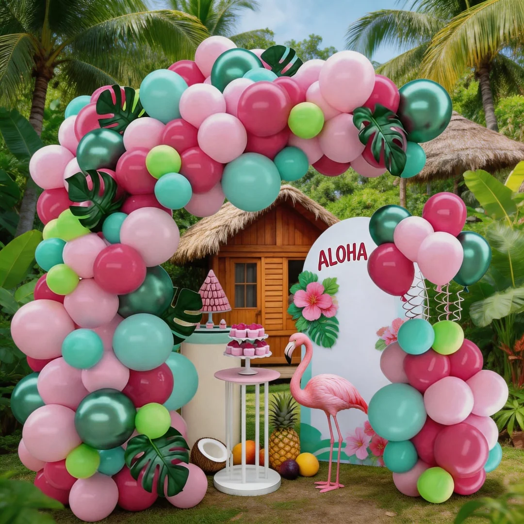 113-teiliges Hawaiianisches Themen-Ballonbogen-Set, Rosenrot, Rosa und Grün Tropische Partydekoration, Sommer Strand Geburtstagsfeier Deko – Detail 2