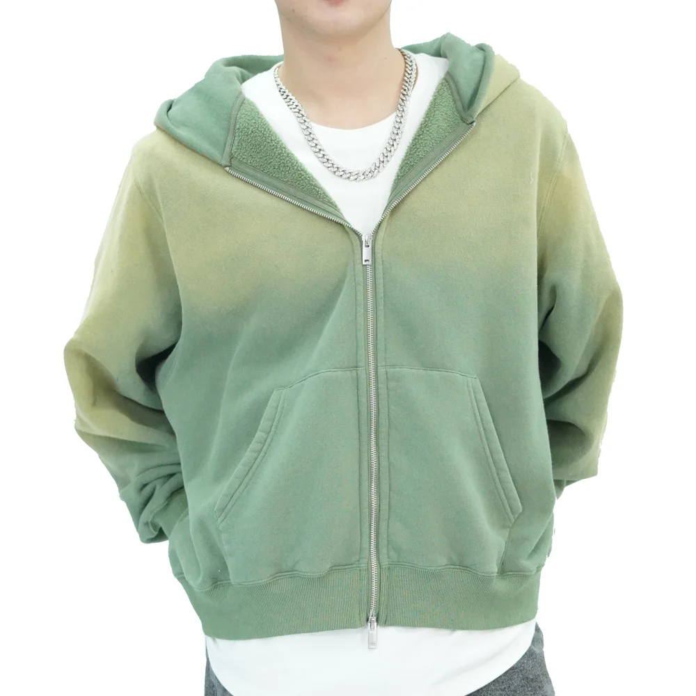 Men\'s Sun Faded Two-way Zip Up Jacket Unisex Washed Vintage 420GSM Hoody SweatshirtHigh Quality Heavy Weight Fuzzy Fleece Hoodie