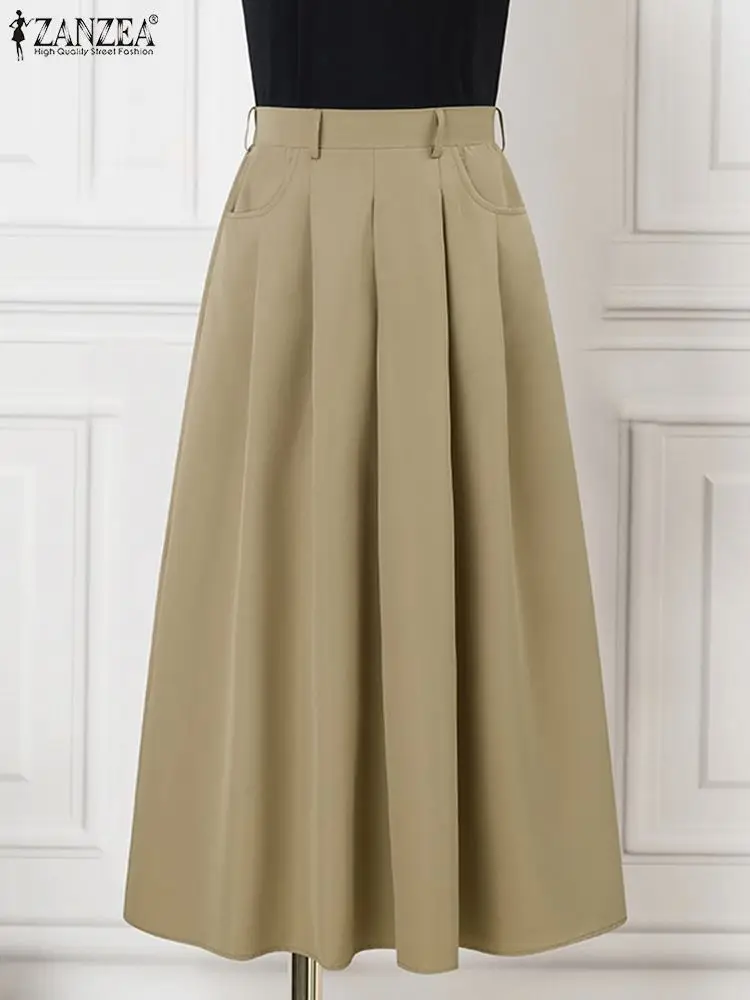 ZANZEA Women Elastic Waist Long Skirt Casual Loose Pleating Pocket Jupe 2024 Summer A-line Faldas Vintage Solid Loose Overskirts