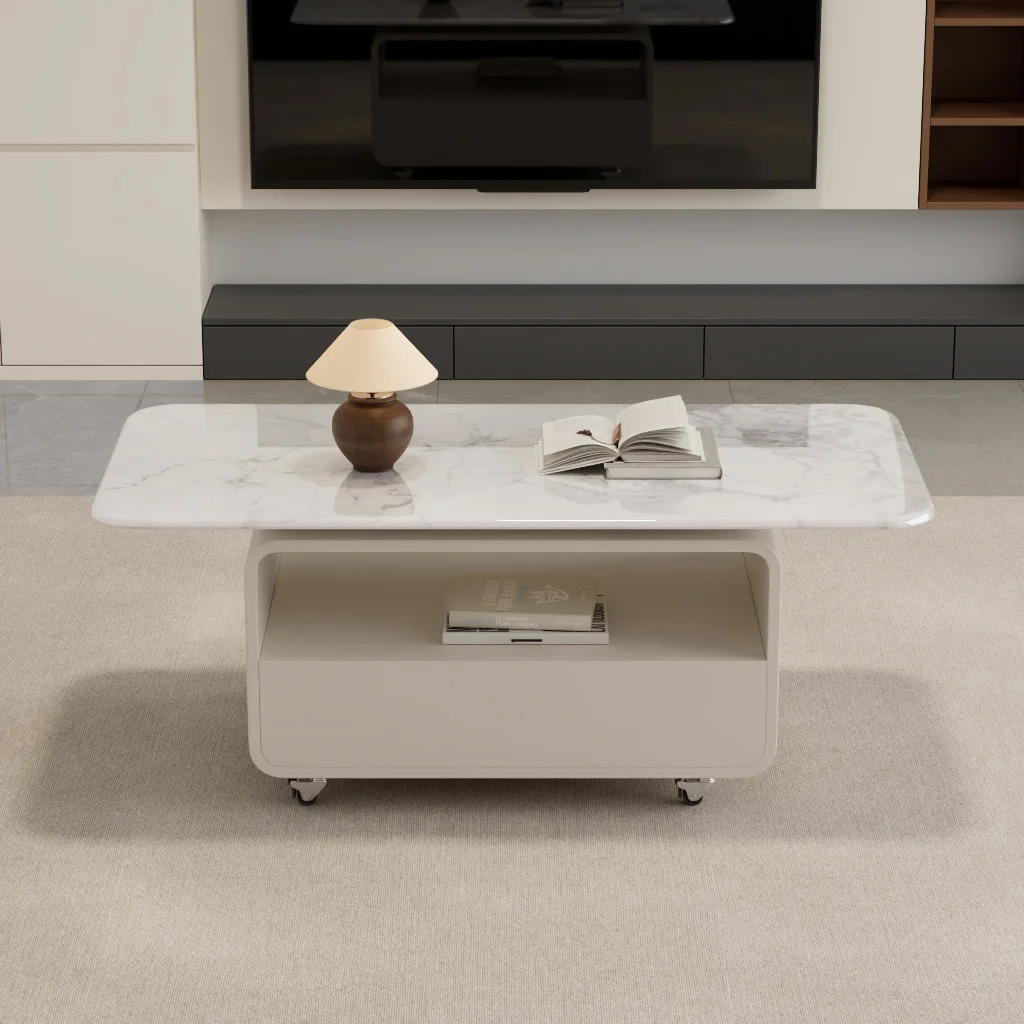 #Modern Mobile Coffee Table with Casters and Quartz Stone Top, Featuring a Drawer Home Living Room Furniture