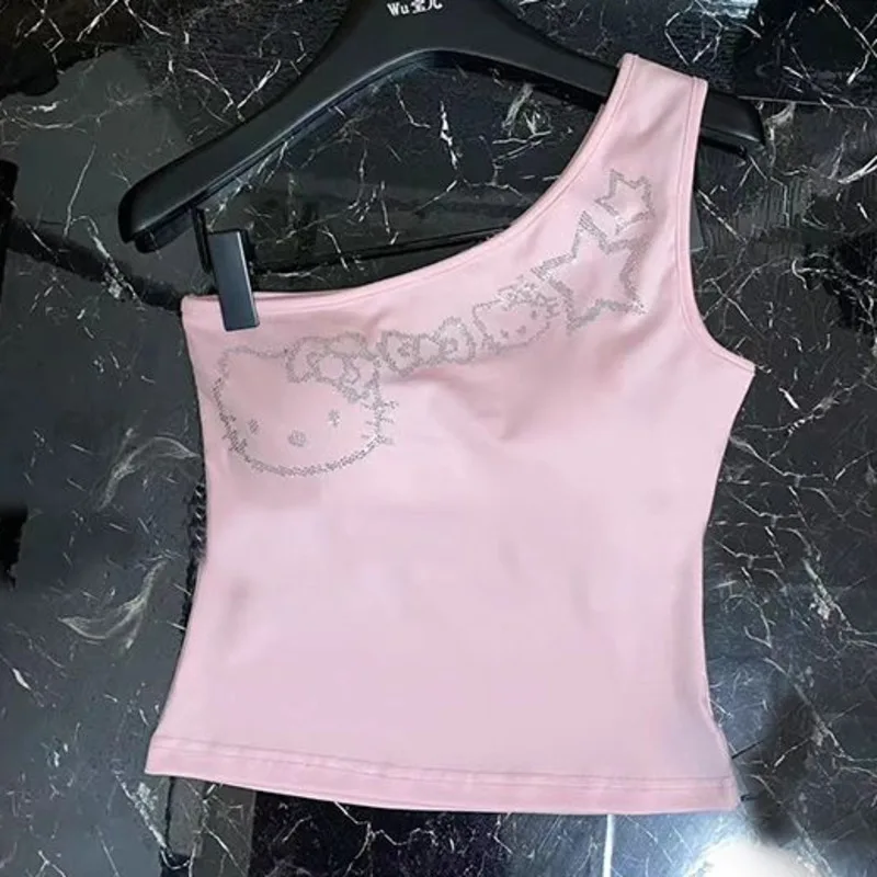  تألق مرحبا كيتي الزينة توب بدون أكمام للنساء - قمصان قصيرة عصرية بكتف واحد - ملابس كلوبوير Y2K الملابس #2