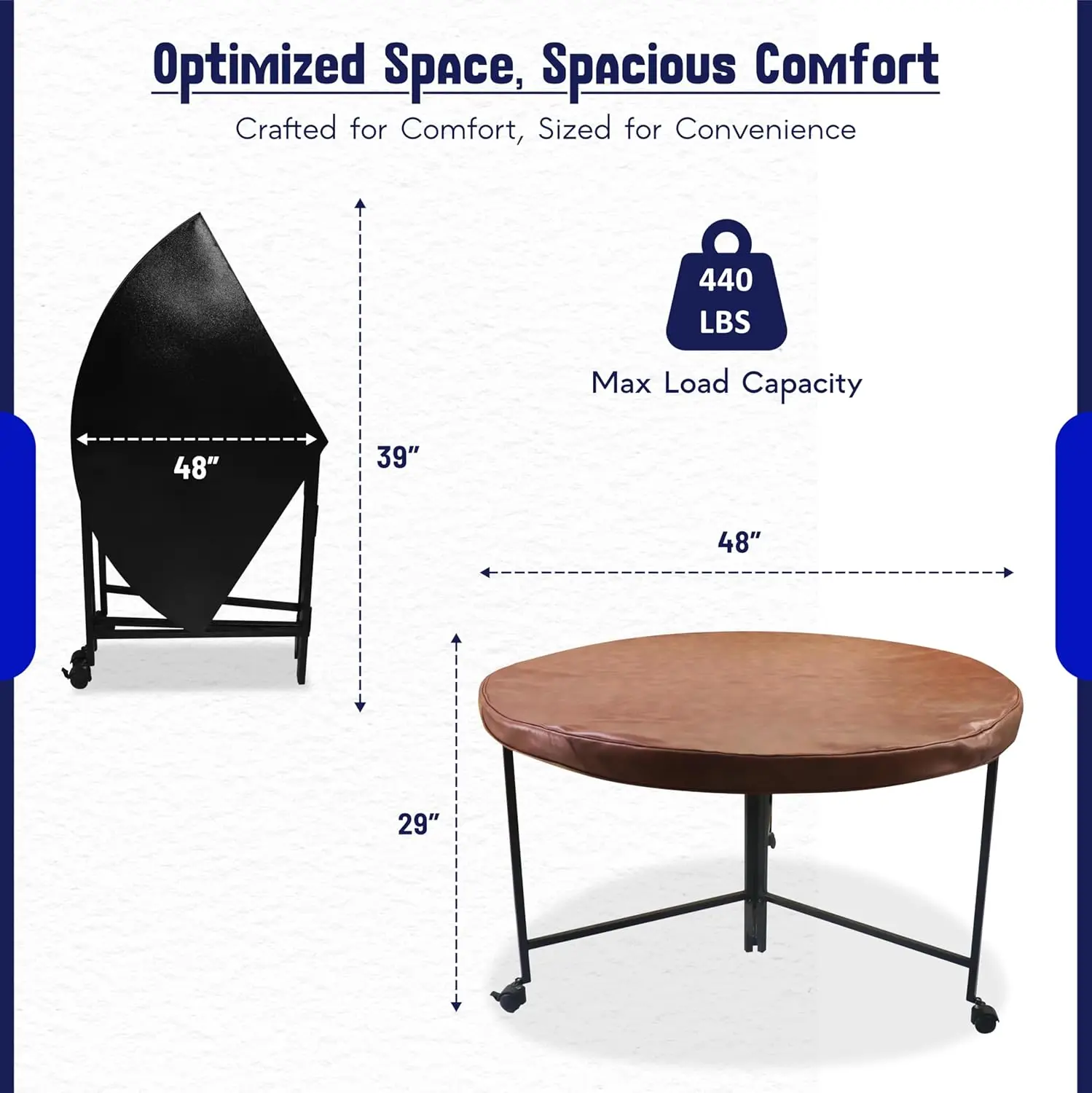 Round Folding Table 48 inch w/Lockable Wheels Heavy Duty Indoor & Outdoor Round Table,Foldable Round Table w/Leather Top
