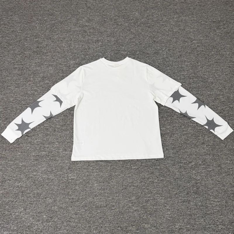American Street Fake Two Piece Protect Long Sleeve T-Shirts Front Letter Print Star Sleeve Patchwork Loose Man Woman Tees