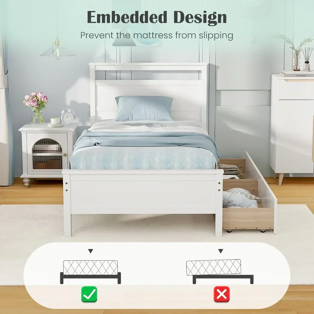 木製ツインベッド、収納引き出し2つ付き、ヘッドボード付き無垢材プラットフォームベッド、シングルベッド木製スラットサポート