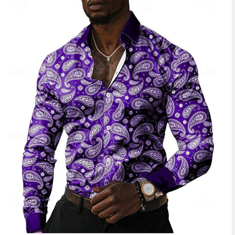 Fashionable Men's Casual Shirt Floral Retro Colors Long Sleeve Shirt Button Lapel Cardigan Mens Breathable And Comfortable Shirt