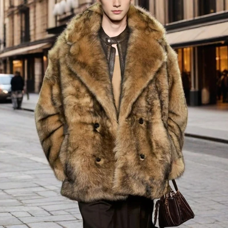 Men Faux Fur Coats Full Sleeve Coat Thick Warm Turn Down Collar Streetwear Work Overcoat Open Stitch Outerwear Autumn Winter