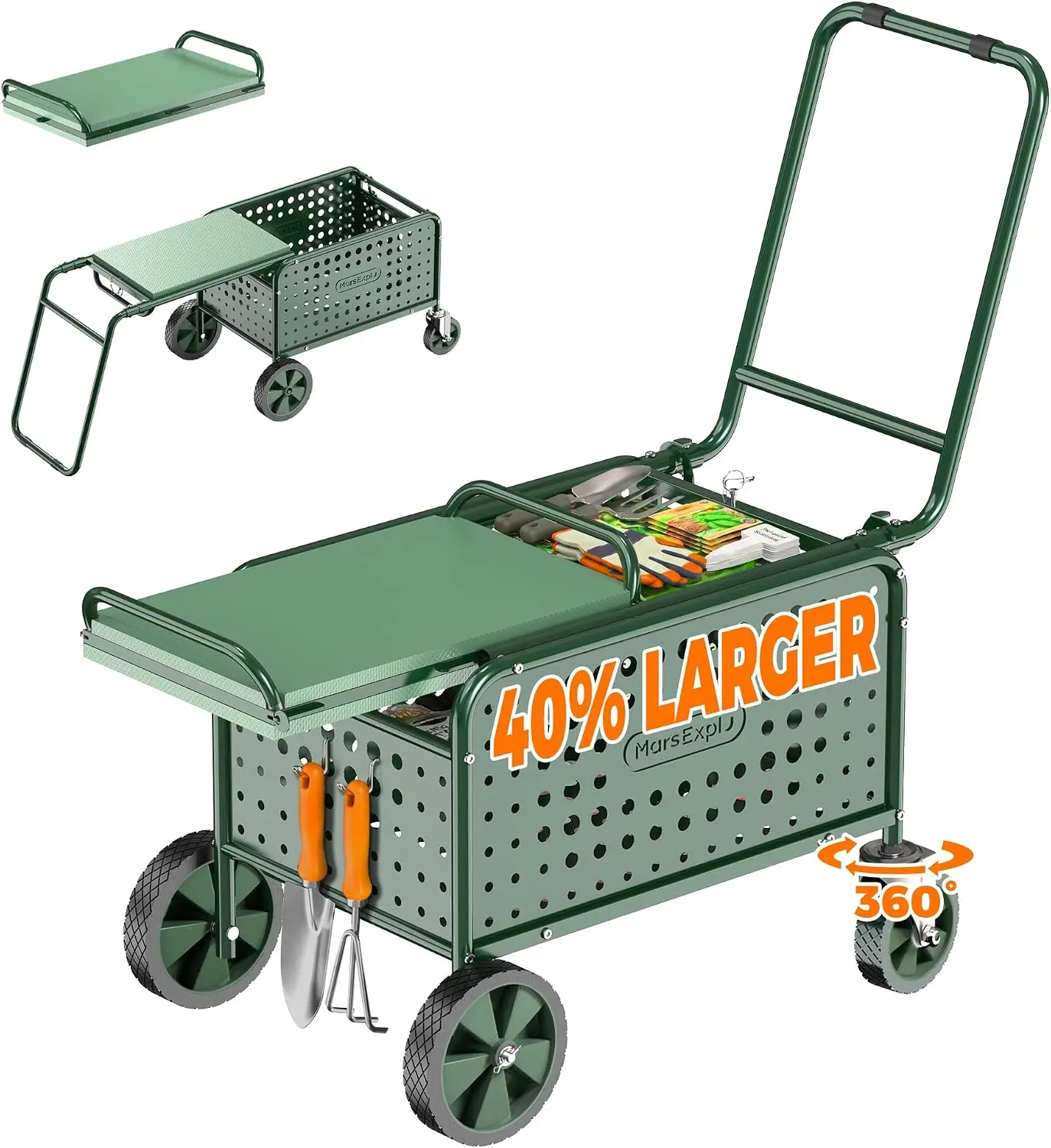 Rolling Garden Work Seat with Wheels, Upgraded Heavy Duty Cart for Seniors with Rotatable 360-Degree Wheels and Extended Handle,