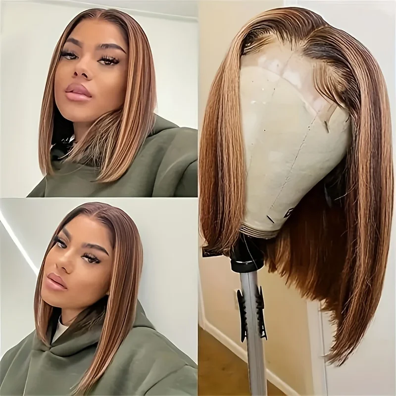 Peluca de cabello humano liso con encaje frontal transparente para mujer, pelo corto bob con densidad de 427, 10 pulgadas, 150% resaltado, color ombré, 13x4