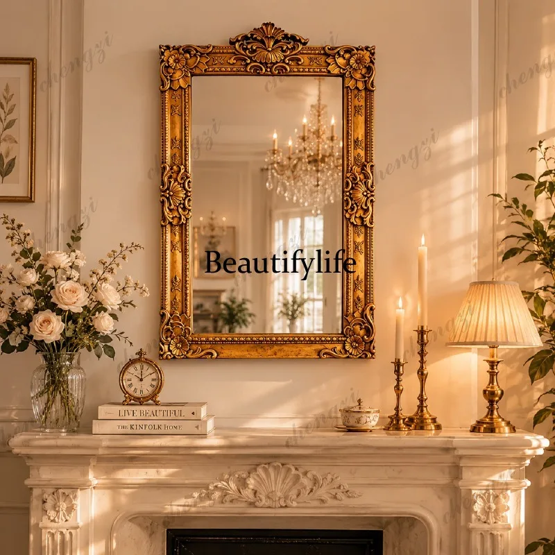 French retro wall-mounted bathroom mirror baroque fireplace decorative mirror light luxury carved makeup mirror