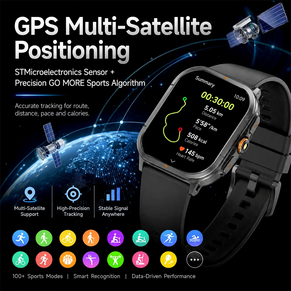 2.01 Inch Smart Watch Multi-GNSS GPS Bluetooth Calling IP68 Waterproof Flashlight Compass Altimeter Barometer Heart Rate SpO2