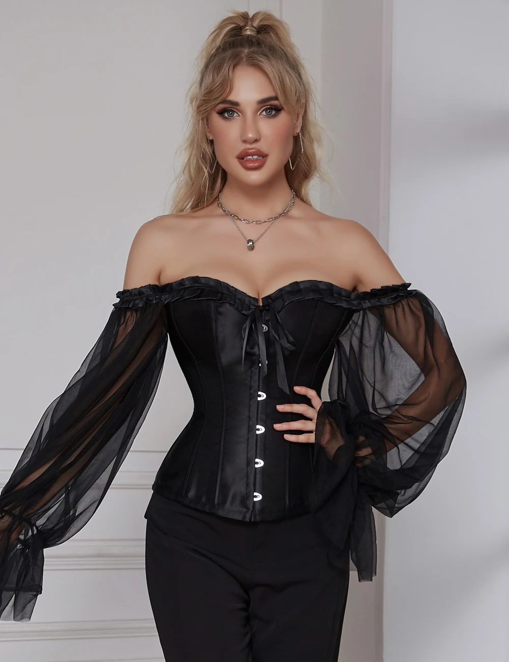 

Women Corset Shapwear 12 Pieces Plastic Black Sexy Hot Lantern Long Sleeve Palace Style Corset Top Gothic Lingerie Women Bustier