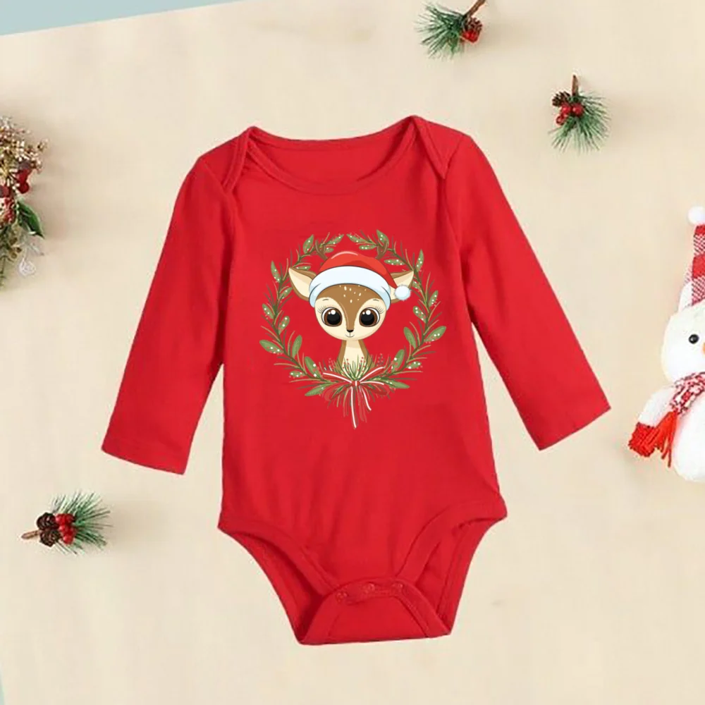 Newborn bonito bodysuits natal cervos impressão bebê vermelho manga longa algodão macacão infantil meninas meninos playsuit festa de natal melhores presentes