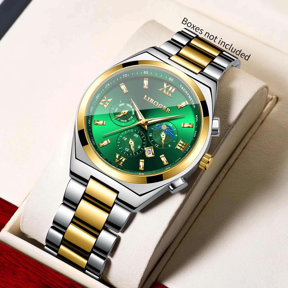 Fashion Green Roma Dial Men Quartz Watch Stainless Steel Strap Date Display Business Wristwatch Relogio Masculino（Without Box）