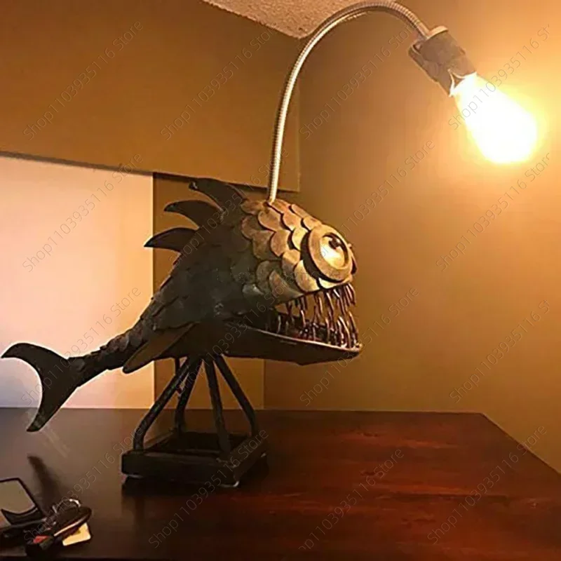 Retro Creative Angler Fish Desk Lamp Decor Shark Desktop USB Metal Art Lantern Table Decoration Bedroom Home Decoration Gift