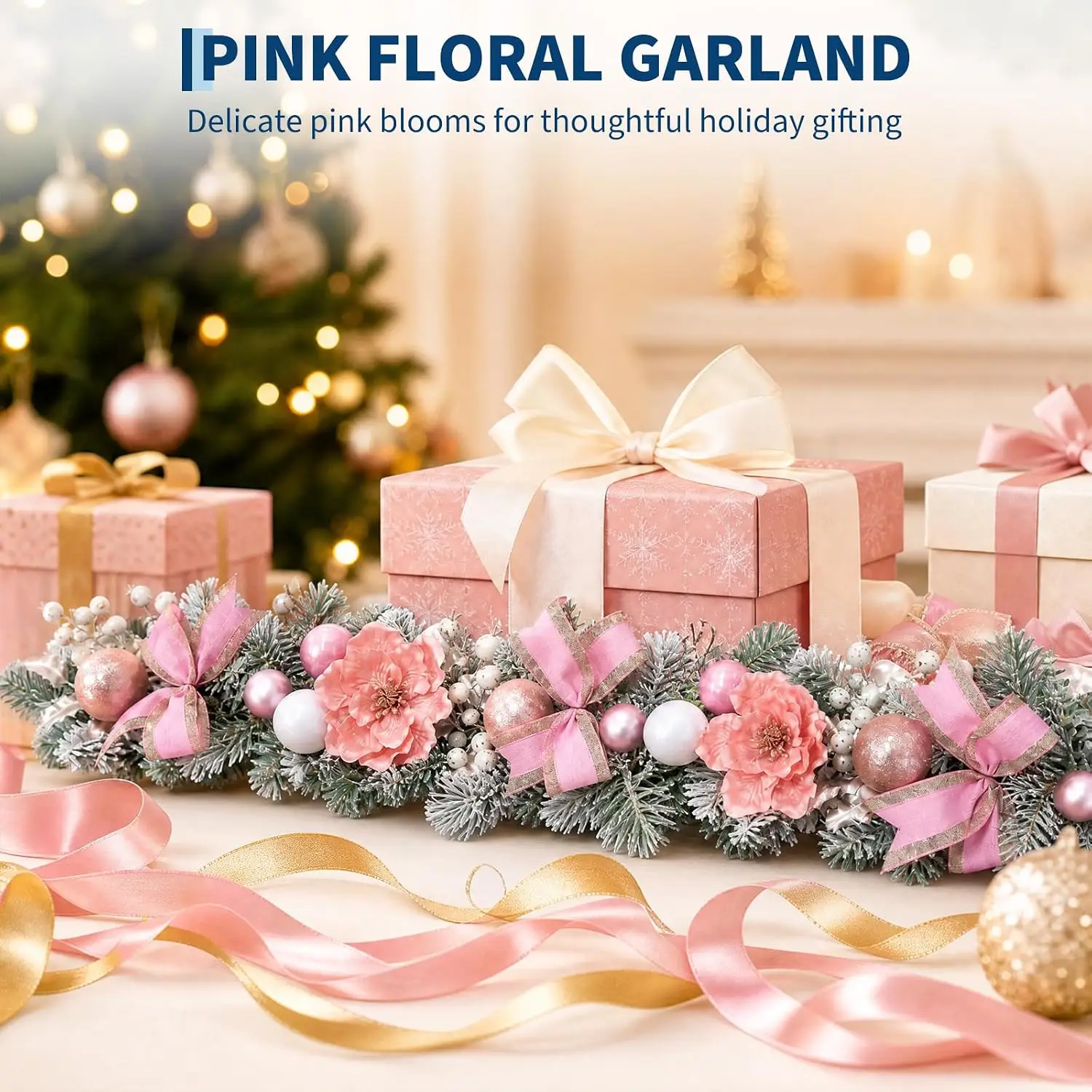 180cm Christmas Garland With Pink Magnolia Artificial Flowers 20 LED Lights 8 Modes And Timer Battery Operated Rattan Vine Decor For Indoor Outdoor Mantel Fireplace And Stair - view 7
