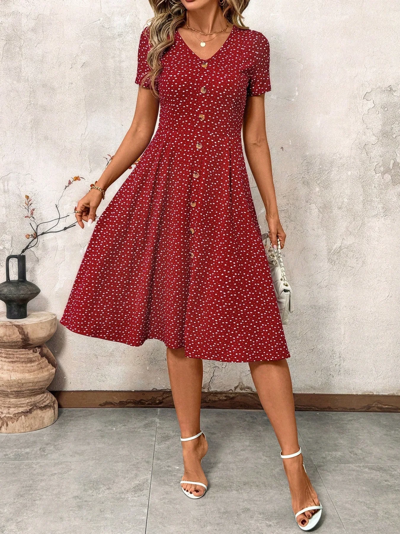 Damen Polka Dot V-Ausschnitt Midikleid Lässiges Knopfleisten-Kurzarmkleid A-Linie Swing Sommer Strandkleid – Detail 14