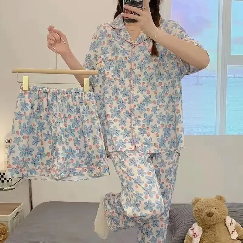 Women Three-piece Pajama Set Summer Home Wear New Short-sleeve Long Pants Pajamas INS-style Home Clothes Pajama High-end Feel