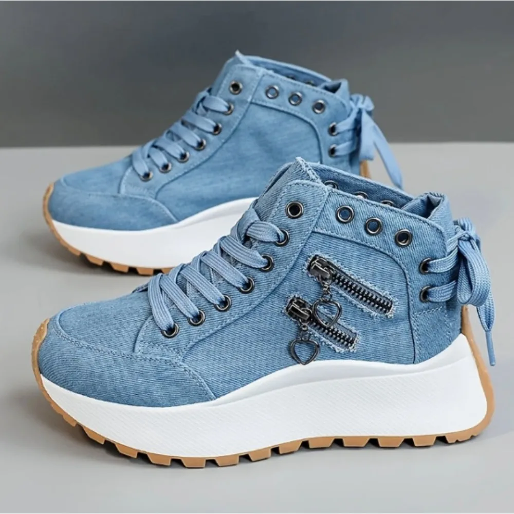 

2025 NEW Women Sneakers High Top Denim Canvas Shoes Female Girls Students Canvas Shoes for Women Lace Up Platform Sneakers