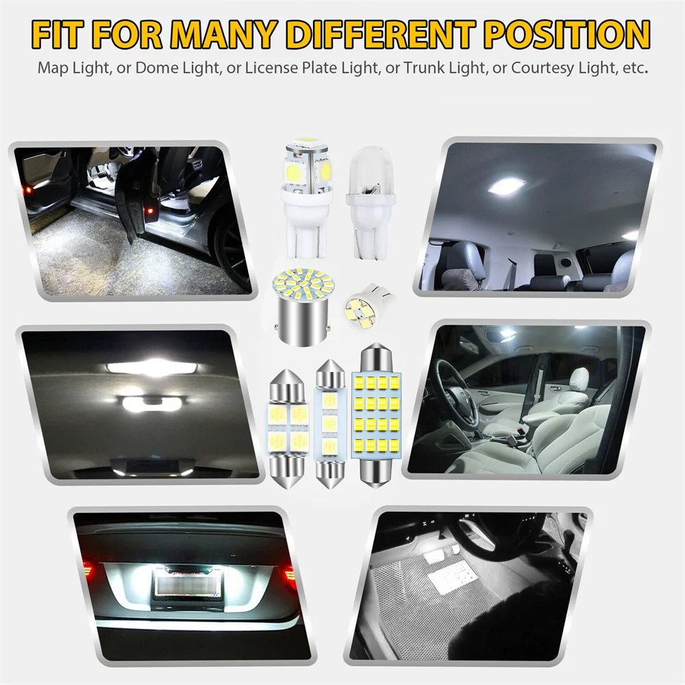 42PCS Car LED Light Kit T10 Double Tip DC 12V White 6000K Interior Map Dome Reading Lamps Trunk License Plate Bulb Replacement