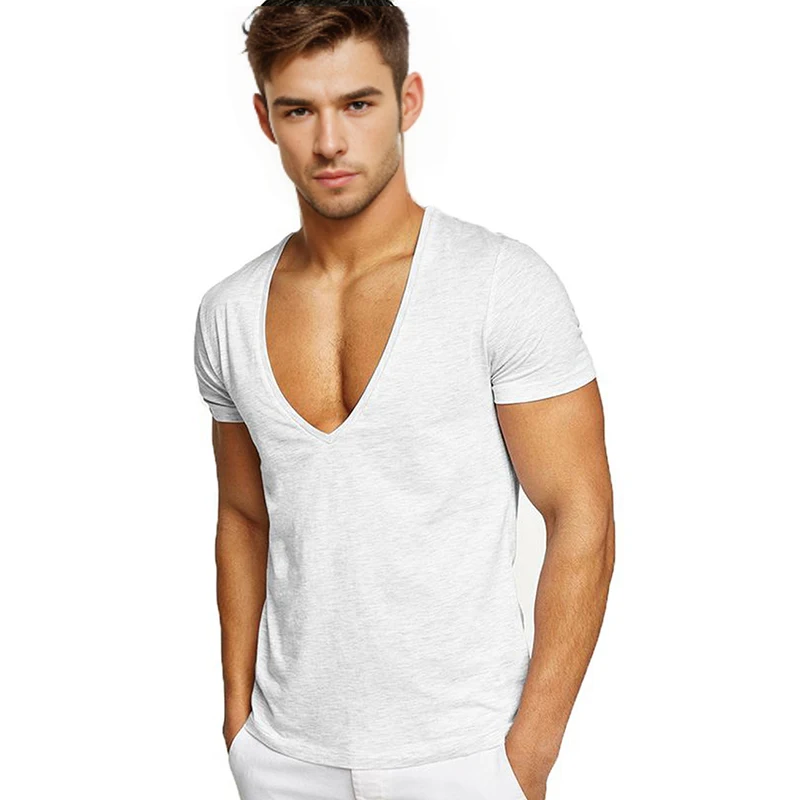 2023 ​European And American Men Summer Deep V Neck Tshirt  ShortSleeved Solid Color Cotton Gym Fitness Sports Running Boxing Top