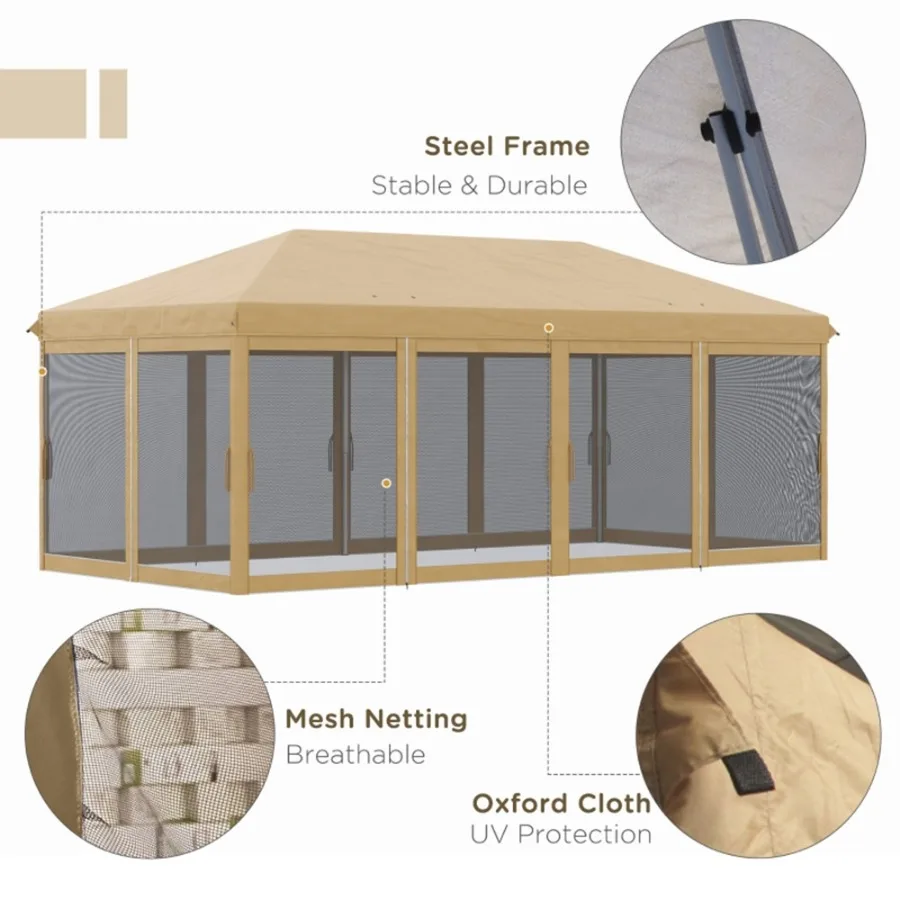 

Pop Up Canopy Party Tent with Netting 10' x 20' Beige -AS