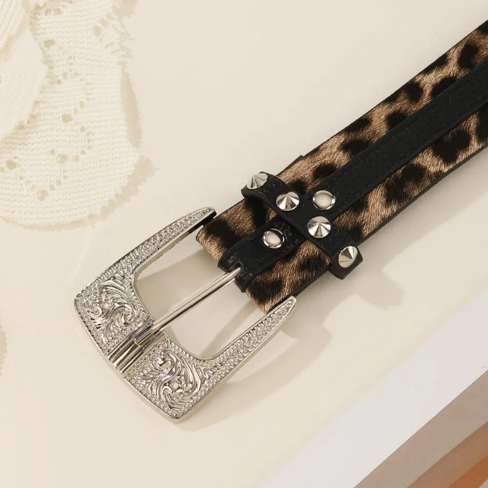 Pin Buckle Leopard Print Belt Engraved Design Metal Rivets PU Leather Belt Antique Silver Buckle Rivet Decor Waist Belt