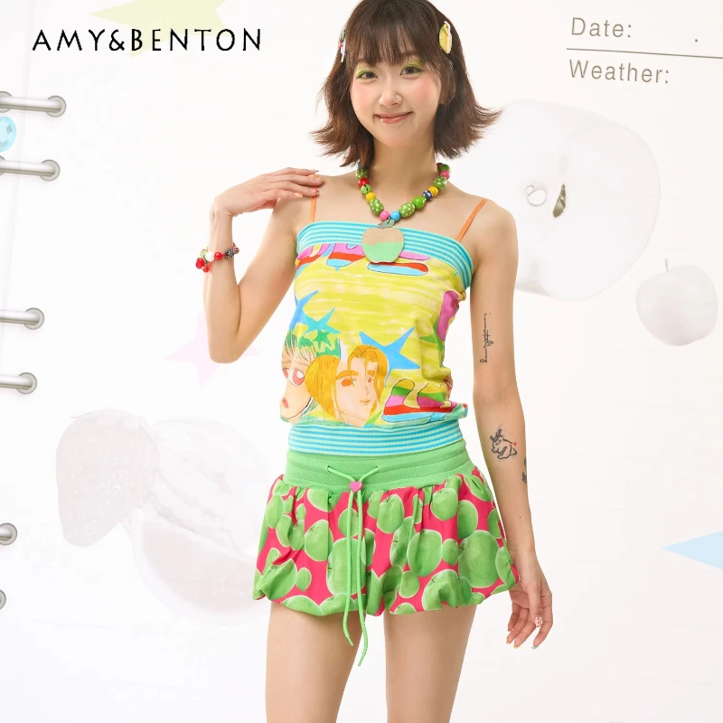 

2025 Summer New Fruit Print Flower Bud Women's Half Skirt Japanese Design Sweet Cool Cute Age-Reducing Mini Short Skirts Ladies