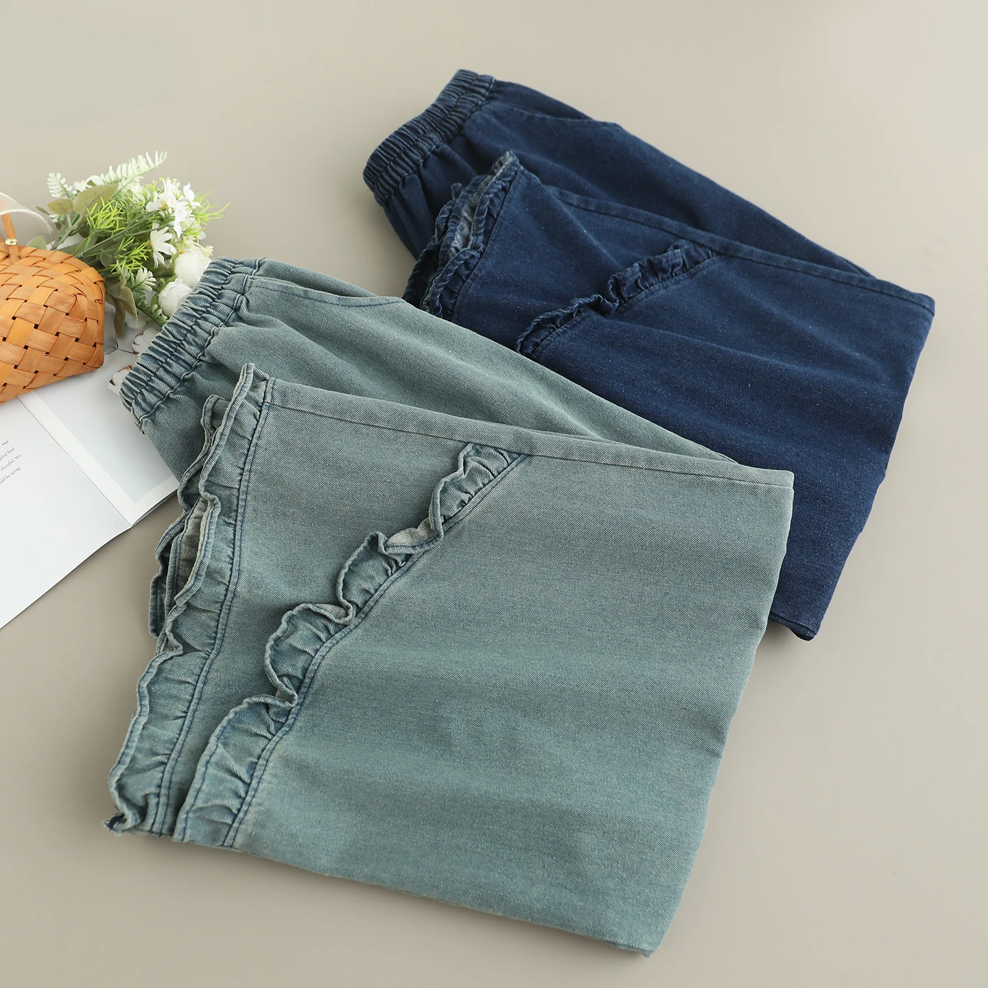 일본 빈티지 모리 걸 솔리드 컬러 데님 와이드 레그 팬츠 여성 가을 새로운 탄성 허리 캐주얼 루즈 스트레이트 청바지 바지