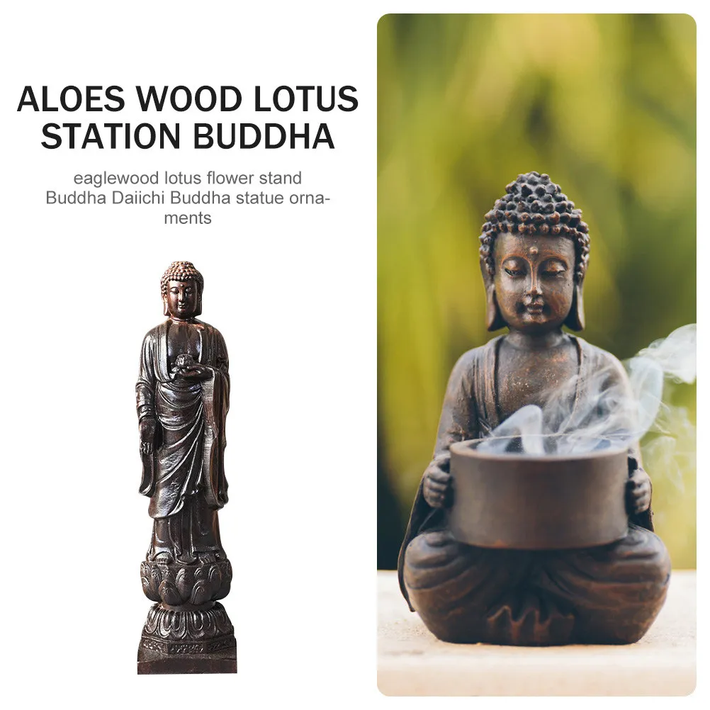 Delicate Wooden Buddha Statue Vintage Carved Lotus Design Home Decor Desktop Ornament for Office Table Living Room Cabinet