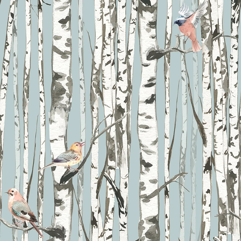 Blue Trees Birds peel And Stick Wallpaper Birch Forest Self-adhesive PVC Wall Sticker Furniture Bathroom Waterproof Decor