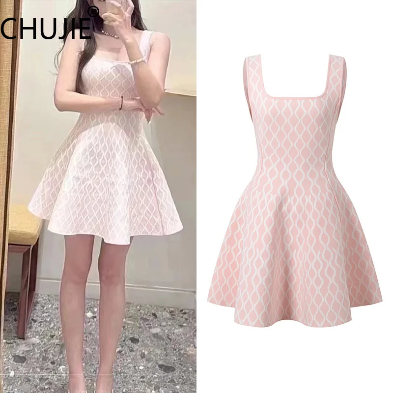 

CHUJIE Women's French Square Neck Knit Dress 2025 - Soft Pink Socialite Style, Elegant Stretch Jersey Dress