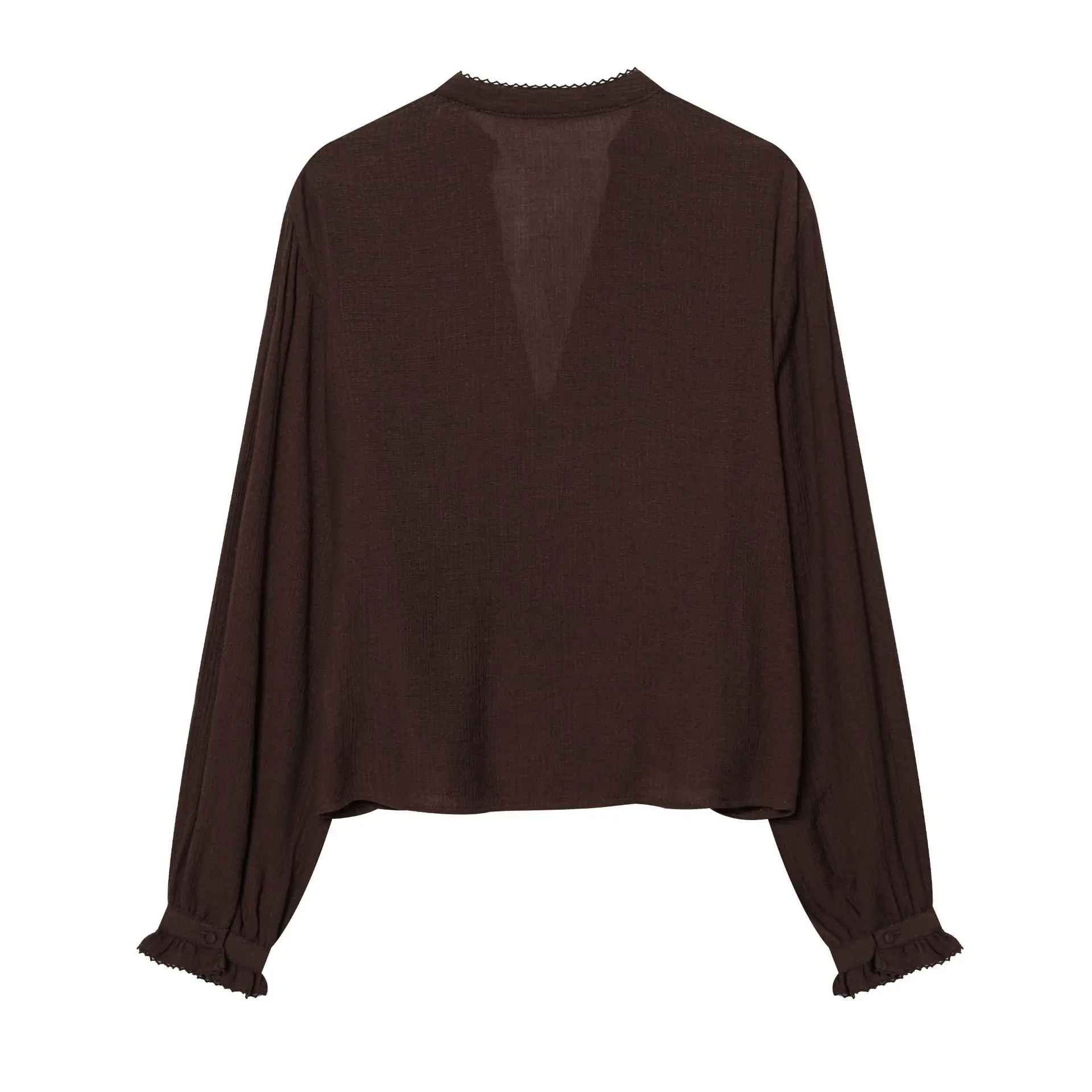 Women's Fashionable Simple Embroidered Shirt Elegant Brown V Neck Blouse White Shirt With Long Sleeved For Women Daily Wear UF83