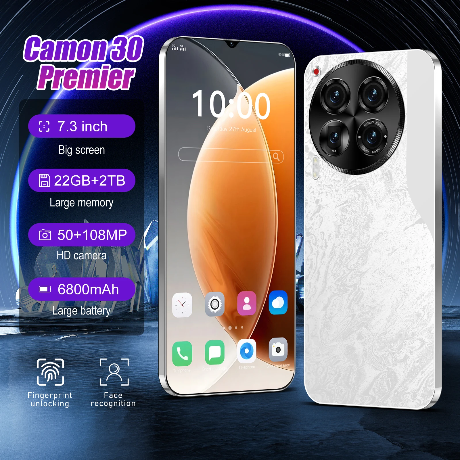 Nieuwe Camon 30 Premier Smartphone 5G 7.3-Inch High-Definition Maximaal Geheugen 22Gb 2Tb Dual Sim Telefoon 6800Mah Ontgrendeling Android 14