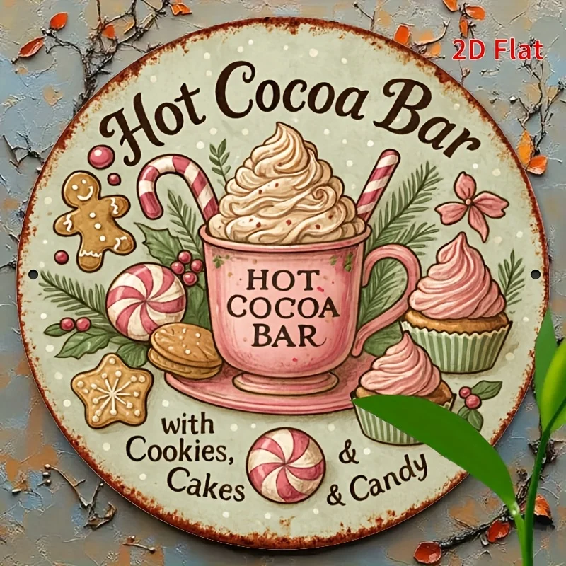 2D Flat, 8x8 Inch Vintage Metal Hot Cocoa Bar Sign - Rustic Christmas Wall Art with Hot Cocoa Cup, Marshmallows, & Candy Canes -