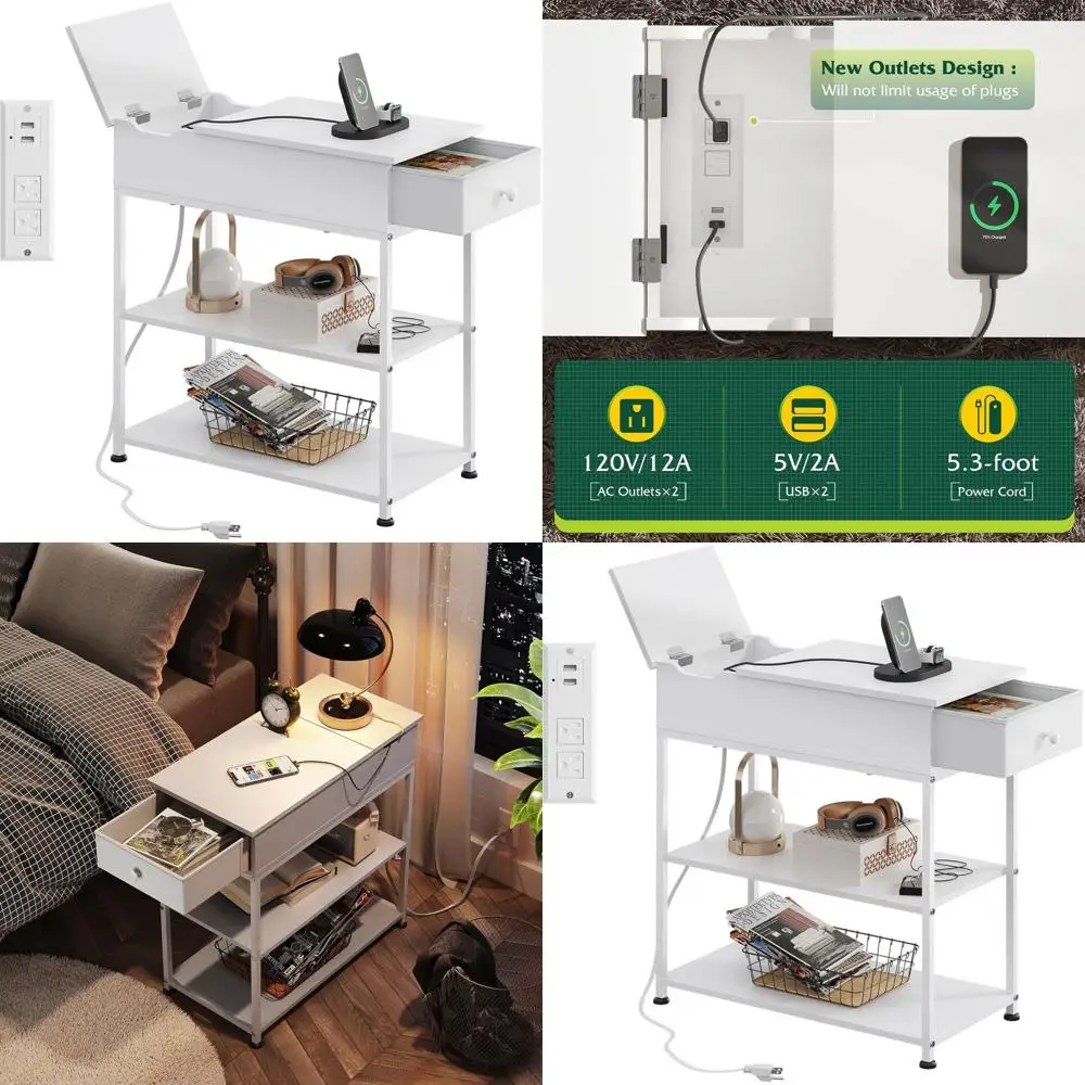 

Белый приставной столик для зарядной станции с тканевым ящиком, USB-портами и розетками для гостиной, спальни и прикроватной тумбочки